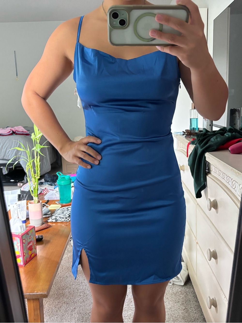 Satin Cowl Neck Slip Dress in Royal Blue